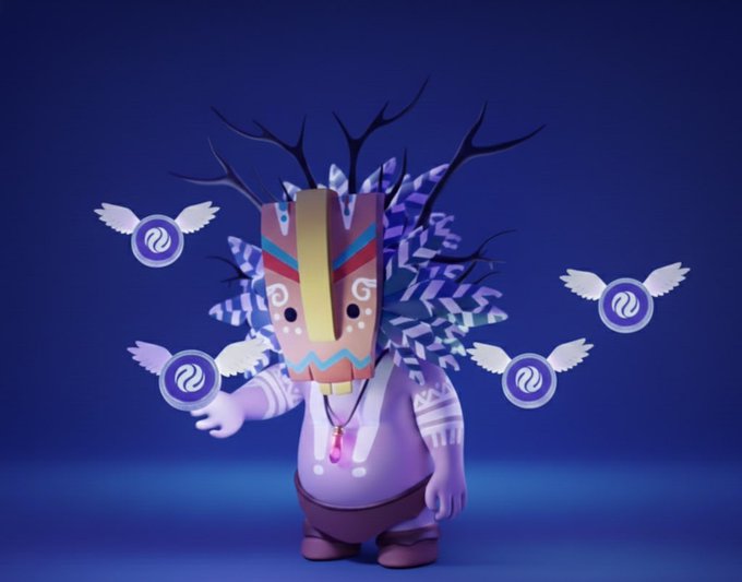urn of purple liquid with a white skull and crossbones, surrounded by four wings and a purple mask with a yellow nose and pink eyes.