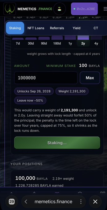 A Memetics.finance staking page showing a 100,000 BAYLA 2-year stake with a 2.19x weight and progress on staking.
