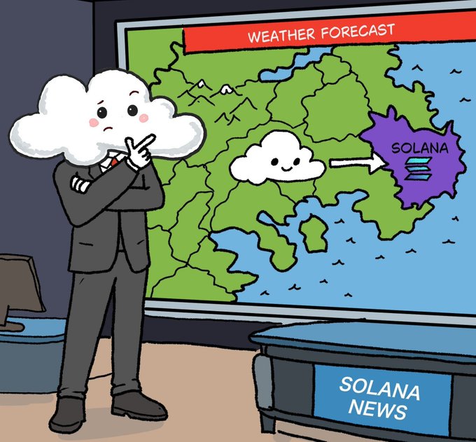 The image features a cartoon man dressed as a businessman, standing next to a weather forecast map that displays the word "solana" along with an arrow pointing towards it. The caption of the image reads "$AIR The storm is coming. No utility. No fundamentals. No promises. Just meme energy and an army of AIRHEADS ready to print SOL out of thin $AIR". This cartoon seems to be related to a post about Solana, possibly discussing its weather forecast or some other topic involving the city where it's located.