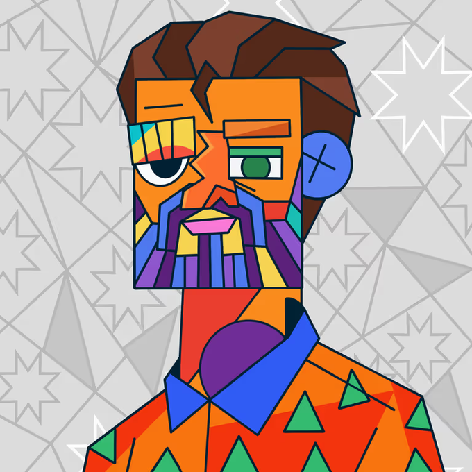 Colorful cubist-style digital portrait of a person with brown hair, blue earring, and a patterned orange shirt against a geometric background.