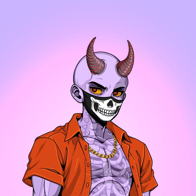 A digital illustration of a purple-skinned demonic character with a skull face, two brown horns, wearing an orange button-up shirt over his bare chest, and a gold chain necklace, against a light purple background.
