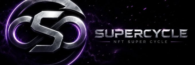 A dark promotional banner for 'SUPERCYCLE NFT SUPER CYCLE' featuring a large metallic circular logo with the letters 'SC' and purple glowing accents.