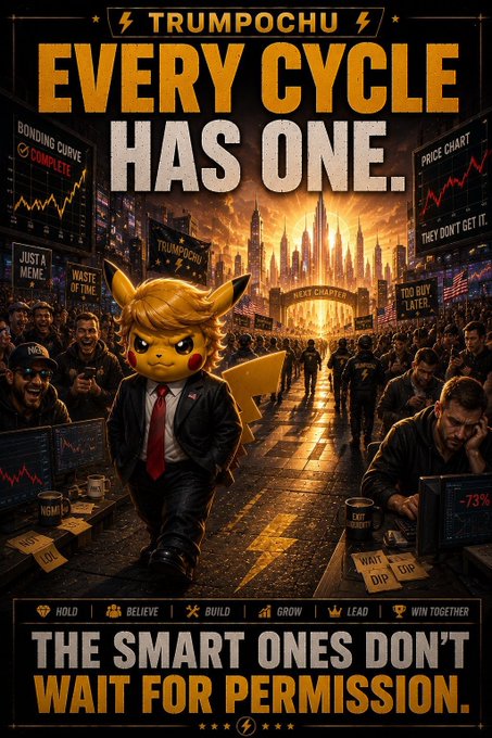 A digital poster for 'TRUMPOCHU' featuring a Pikachu dressed as Donald Trump in a suit and tie, walking through a dystopian, golden-hued city street with the text 'EVERY CYCLE HAS ONE' and 'THE SMART ONES DON'T WAIT FOR PERMISSION.'