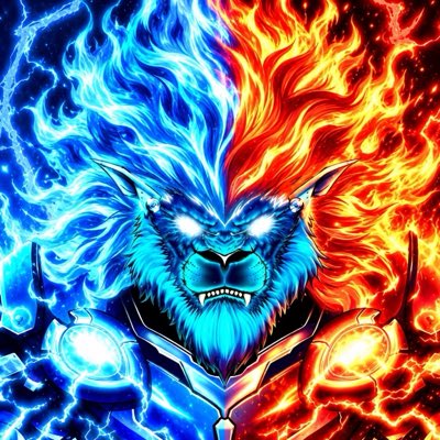 A vibrant digital illustration of a fierce lion with its mane and body split between blue ice/fire on the left and orange fire on the right, glowing with magical energy.