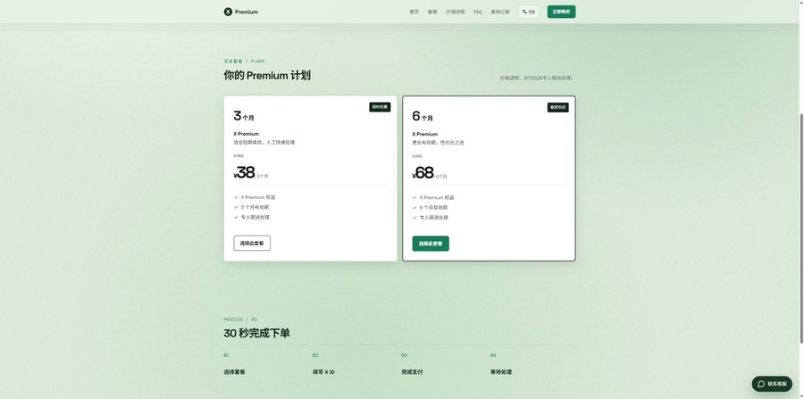 A pricing webpage for X Premium plans in Chinese, displaying two options: a 3-month subscription for ¥38 and a 6-month subscription for ¥68, which aligns with the post's promotional offer for blue V accounts priced at approximately 5.7 USDT and 10.2 USDT respectively.