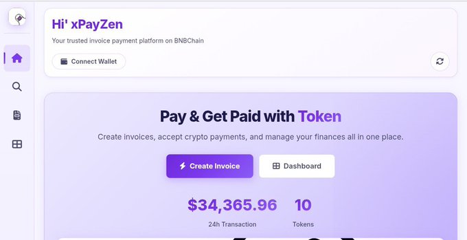 The image shows the xPayZen dashboard interface, featuring a greeting "Hi' xPayZen," a "Connect Wallet" button, and the tagline "Pay & Get Paid with Token" with options to "Create Invoice" or view the "Dashboard." It displays $34,365.96 in 24h Transaction volume and 10 Tokens, visually showcasing the platform the post describes as launching on-chain identity support via the ERC-8004 Discover Identity Layer on BNB Chain.