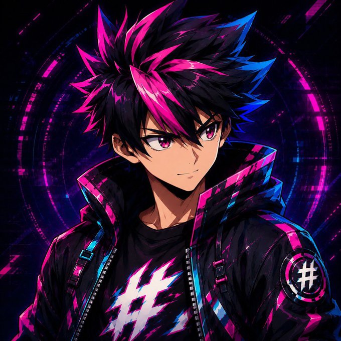 An anime-style illustration of a young man with spiky black and pink hair, wearing a dark jacket with a '#' symbol, set against a purple and blue circular background.