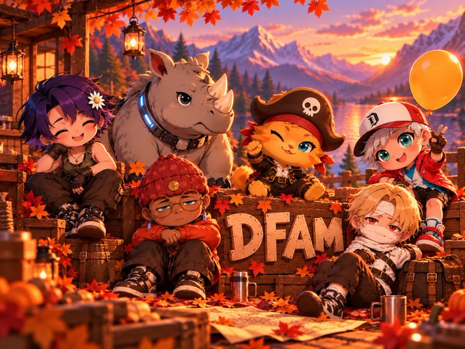 Chibi-style digital artwork featuring six stylized characters and a rhinoceros gathered around a wooden sign reading 'DFAM' in an autumn-themed outdoor scene with mountains, pumpkins, and falling leaves.