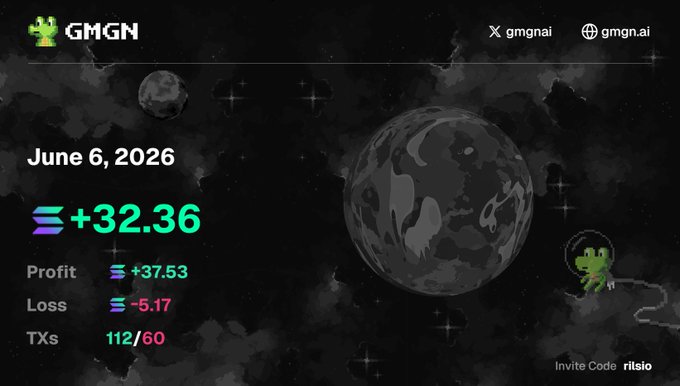 The image features a website for GMGN, with a large photo of an alien floating in space accompanied by text elements such as a time stamp (June 6, 2026) and a price estimate of $32.36. There are also other items in the image that could be interpreted differently or have different meanings depending on the context. 

In the background of the image is another image featuring an alien. This photo has a caption below it which reads: "Good morning bros Giveaway 0.1 sol each 3 winners Drop your wallet Also give a follow on twitch if you want twitch.tv/rilsiooooo". The text in this image can be interpreted as follows: 

"Given that we have the time of June 6, 2026 and an alien in space, it is possible that GMGN is promoting a giveaway or contest related to space exploration or intergalactic travel."