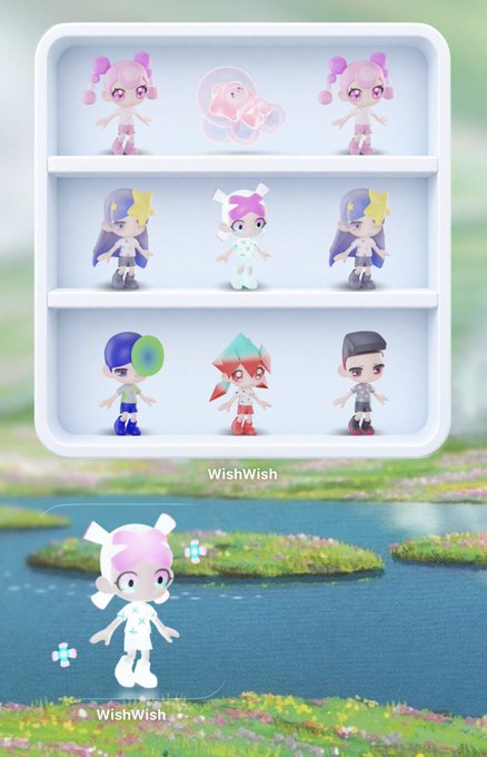 A digital collectible card interface titled 'WishWish' shows a pale pink and white character figure, displayed both within a white shelving unit containing various other figures and as a 3D model against a water background.