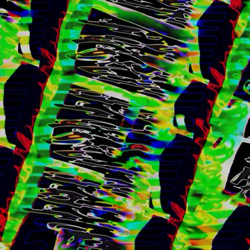 Abstract glitch art composition featuring distorted digital patterns in vibrant green, black, blue, and orange hues with wavy, liquid-like distortions.