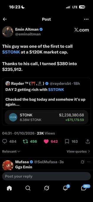 A screenshot of a post by Emin Altman (@eminaltman) discussing $STONK cryptocurrency, claiming thanks to the call he turned $380 into $235,912, with a quoted tweet from @rayderxbt showing a position valued at $2,238,380.68.