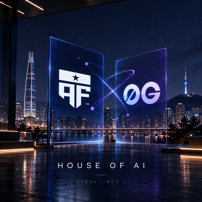 A futuristic neon-lit digital billboard display shows 'AF' and 'OG' logos against a night cityscape, with the text 'HOUSE OF AI · SEOUL · OCT 1' below.
