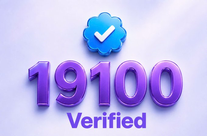A 3D-rendered graphic displays the purple number "19100" above the word "Verified," topped with a blue scalloped badge featuring a white checkmark, symbolizing achievement of a milestone. The imagery visually reinforces the post's message of continued growth and support, celebrating hitting the 19,100 follower or member mark as motivation to keep building with patience.