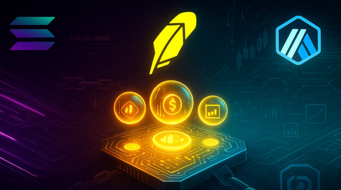 A neon-lit digital illustration features a glowing yellow feather quill hovering above three floating golden coins—one bearing a dollar sign, a chart, and an up-arrow—resting on a circuit-board platform with Solana and Arbitrum's logos flanking the scene. The image visually symbolizes the heated revenue-sharing clash between Toly (Solana) and Steven Goldfeder (Arbitrum) over Robinhood Chain's transaction fee profits, with the quill and coins representing the contested fees and the dueling blockchain emblems highlighting the rivalry.