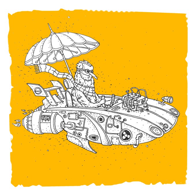 An illustration of a bearded pilot character in a steampunk-style spaceship with an umbrella, set against a bright orange background.