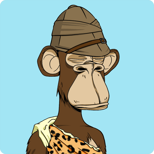 The image features a cartoon monkey wearing a hat, possibly resembling a pirate's hat or an explorer's hat. The monkey appears to be looking down at something below him with a serious expression. The background of the image is blue, which contrasts nicely with the brown fur of the monkey and adds depth to the scene. There are no other objects in the image besides the monkey and the blue background.