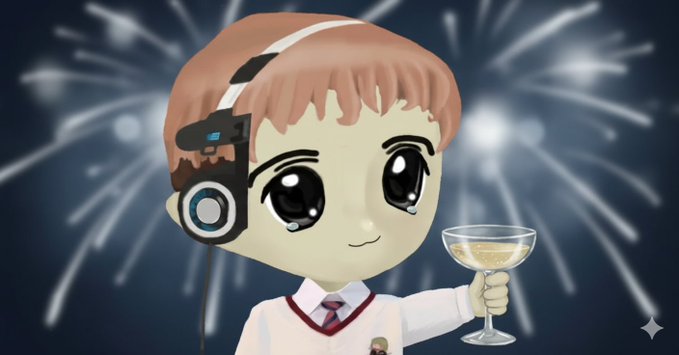 An animated chibi-style character with brown hair, wearing a headset and white shirt with a red tie, holds a champagne glass against a background of bursting fireworks.