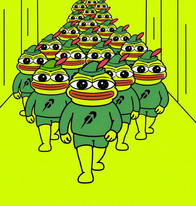 An illustration of a large marching crowd of cartoon frogs wearing green outfits with lightning bolt symbols, set against a bright green background.