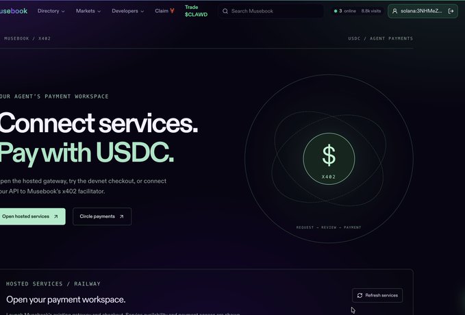 Musebook website screenshot displaying 'Connect services. Pay with USDC.' along with options to open hosted services and Circle payments.