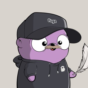 A cartoon illustration of a purple character wearing a black hoodie and a cap labeled "Frogz," holding a quill.