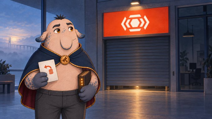An anthropomorphic blue character with horns wearing a cape holds a card with a curved arrow and a book, standing outside a storefront with a glowing hexagonal logo.