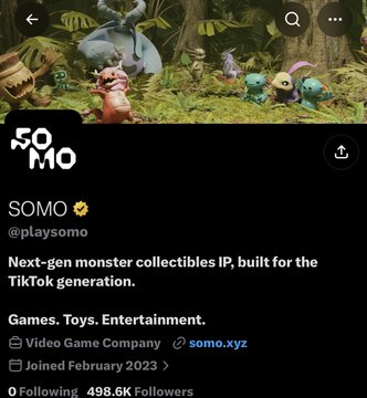 Twitter/X profile for SOMO (@playsomo), described as 'Next-gen monster collectibles IP, built for the TikTok generation,' categorized under Games, Toys, Entertainment, with 498.6K followers and joined February 2023.