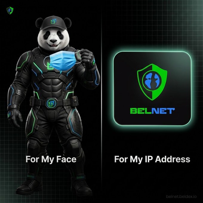 A promotional image for BelNet shows a panda character in futuristic armor holding a face mask on the left with text 'For My Face,' next to a BelNet shield logo on the right with text 'For My IP Address,' and the URL 'belnet.beldex.io'.