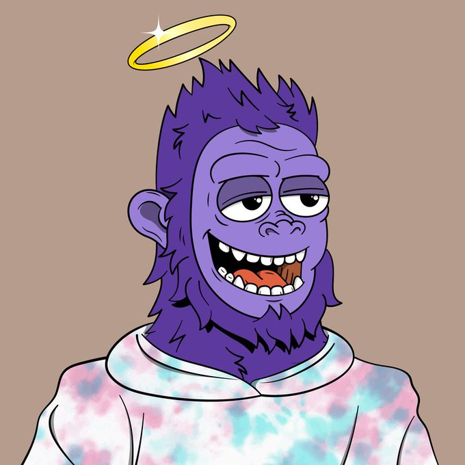 A cartoon-style purple gorilla with a wide, toothy grin and a yellow halo floating above its head, wearing a tie-dye shirt. The image appears to be an NFT character, fitting the post celebrating a new acquisition on OpenSea.
