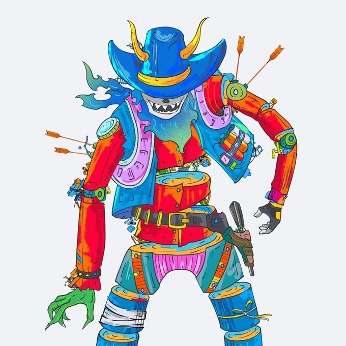 A colorful, stylized illustration of a menacing, robotic cowboy figure with a blue hat, horns, arrows stuck in its body, and green clawed hands.