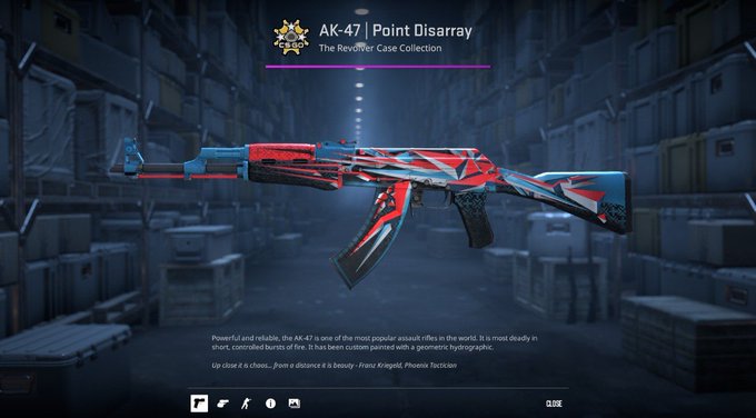 A promotional screenshot from Counter-Strike (CS2) featuring the AK-47 | Point Disarray skin from "The Revolver Case Collection," displayed in a warehouse setting with a $29.99 giveaway offer visible. The image showcases the red, blue, and white patterned rifle skin alongside giveaway details requiring follows, likes, reposts, and tagging friends, with hashtags #CS2 #CS2Giveaway #Crypto.