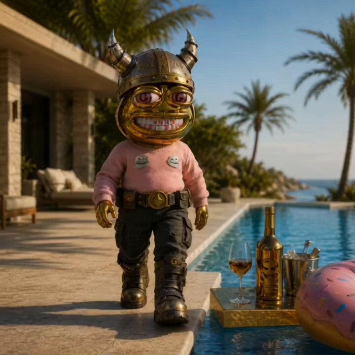 The image features a statue of a person wearing a helmet with horns and holding a wine glass, standing near a pool area. The statue also has a pink sweater on and appears to be walking towards the camera. In front of the statue, there are two bottles of wine and a doughnut. The background shows palm trees and a house, suggesting that this scene takes place in an outdoor setting with a pool or patio. The post includes text about enjoying life, letting go of stress, and finding happiness through simple pleasures like drinking wine by the poolside and indulging in a doughnut.
