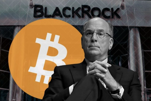 The image features a man dressed in a suit sitting in front of a building with the word "BlackRock" written above him, possibly indicating that he is associated with the company or has some connection to it. The man appears to be contemplating something, as evidenced by his thoughtful expression and crossed arms. In the background, there are several Bitcoins displayed on a sign, suggesting that the image might be related to cryptocurrency or Bitcoin trading.