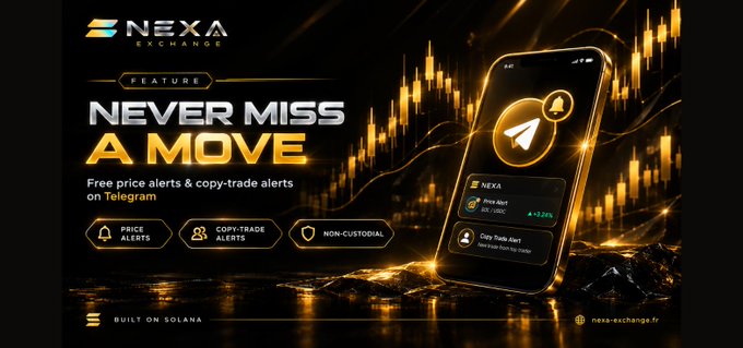 An advertisement for NEXA Exchange promoting their Telegram bot feature 'Never Miss A Move' with price alerts and copy-trade alerts, built on Solana.