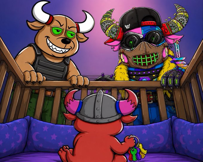 A vibrant cartoon scene of two monstrous characters (a horned dog and a tech-equipped creature) looming over a crib where a small red Viking baby sits with toys.