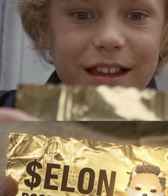 A close-up of a smiling blonde boy holding up a gold chocolate wrapper that reads '$ELON' next to a Shiba Inu dog meme icon, referencing the Dogecoin cryptocurrency.