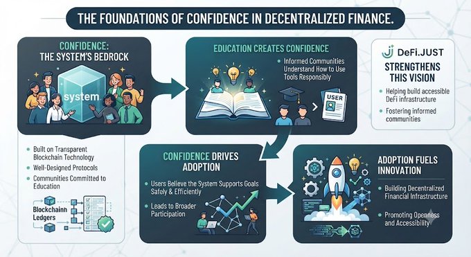 An infographic titled 'THE FOUNDATIONS OF CONFIDENCE IN DECENTRALIZED FINANCE' featuring flow boxes about 'CONFIDENCE: THE SYSTEM'S BEDROCK,' 'EDUCATION CREATES CONFIDENCE,' 'CONFIDENCE DRIVES ADOPTION,' and 'ADOPTION FUELS INNOVATION,' with a 'DeFiJUST' logo in the corner.