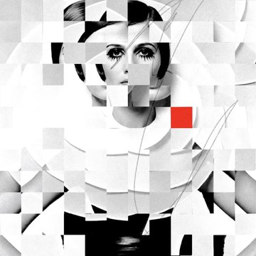 A fragmented, cubist-style black-and-white portrait of a woman with a single red square, appearing as if deconstructed into geometric pieces.
