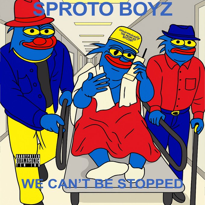 This image shows an illustration of blue frog-like characters wearing street attire, with the title "SPROTO BOYZ" at the top and the phrase "WE CAN'T BE STOPPED" at the bottom. Text on one character's yellow hat reads "USD NOMICALLY THE PEOPLE'S BITCOIN," and a "HarryPotterObamaSonic10inu" parental advisory-style label appears in the lower left corner, tying into the meme series being shared to promote Bitcoin reaching $1 (likely as an ironic reversal of its actual high value).