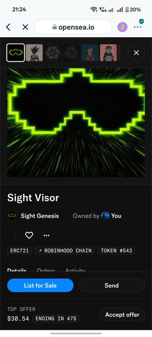 An OpenSea NFT marketplace mobile screenshot showing a 'Sight Visor' item from the 'Sight Genesis' collection, owned by the user, listed on Robinhood Chain with a top offer of $30.54.