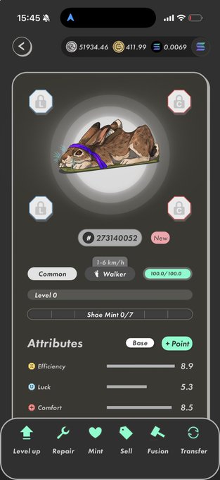A mobile app screen displaying a digital camel NFT with attributes: Efficiency 8.9, Luck 5.3, Comfort 8.5, Common level 0, ID #273140052.