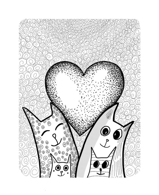 A whimsical black and white drawing of two smiling cats and a smaller kitten holding up a large stippled heart against a swirly patterned background.