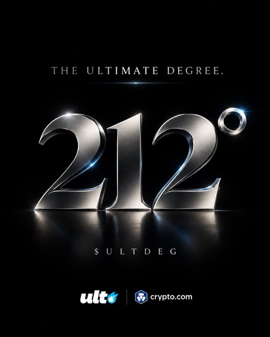 A dark, sleek promotional graphic displays the metallic text 'THE ULTIMATE DEGREE. 212°' along with 'SULTDEG' and logos for 'ult' and 'crypto.com'.