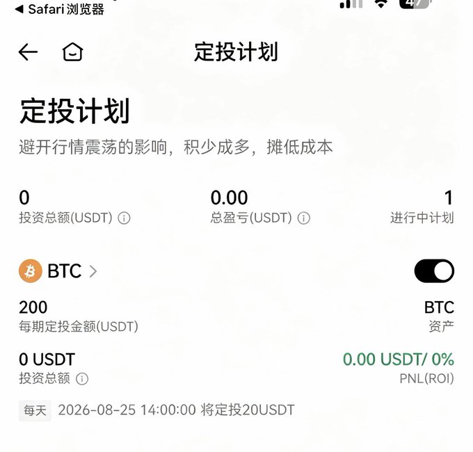 A Chinese-language cryptocurrency app screen for a '定投计划' (DCA/Regular Investment Plan) showing BTC investments with a total investment of 0 USDT, 0.00 PNL, and a scheduled investment of 20USDT on 2026-08-25.