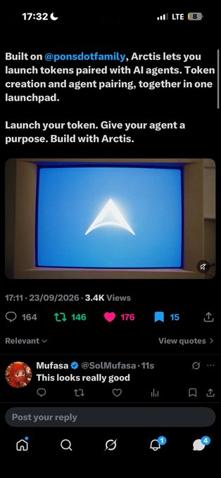 A screenshot of an X (Twitter) post from @ponsdotfamily advertises 'Arctis', describing it as a launchpad for tokens paired with AI agents, including an embedded video image.