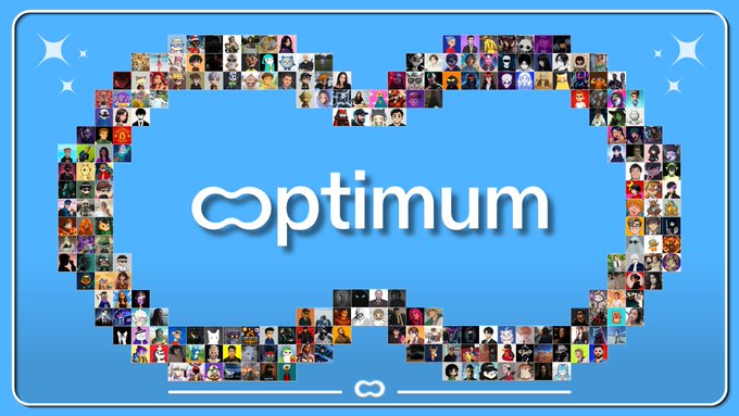The image features a blue background with the word "optimum" centered in white, surrounded by a large infinity symbol composed of 252 small avatars of various contributors, team members, and community participants, visually representing the people behind the project as mentioned in the caption.