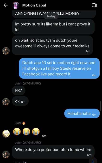 A screenshot of a Telegram chat in the "Motion Cabal" group shows members discussing $MOTION and $WAGMI, with one user (@passthedutcher) offering to buy 10 SOL worth of MOTION and shotgunning a tall boy Steel Reserve on Facebook Live if someone accepts a friend request on the WAGMI ARC—exemplifying the extreme "bagworking" behavior referenced in the caption.