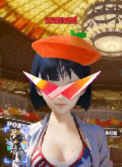 A video game character wearing a strawberry hat and angular pink and yellow sunglasses, with the word 'wasted' in red text above her head and a small character icon in the corner.