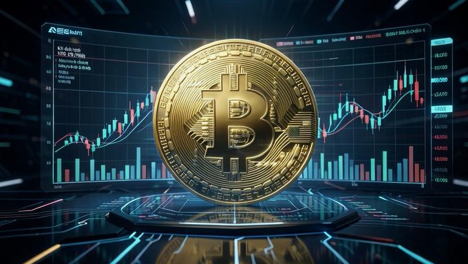 A digital artwork displaying a golden Bitcoin coin centered against a backdrop of cryptocurrency trading charts with candlestick patterns and price graphs.