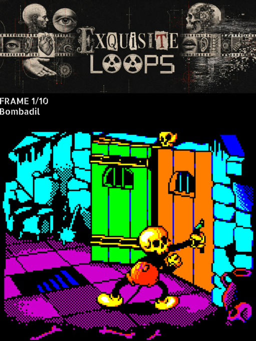 A retro gaming artwork titled 'Exquisite Loops - Frame 1/10: Bombadil' showing a colorful skeleton character with a sword in a dungeon-like setting with green and orange doors.